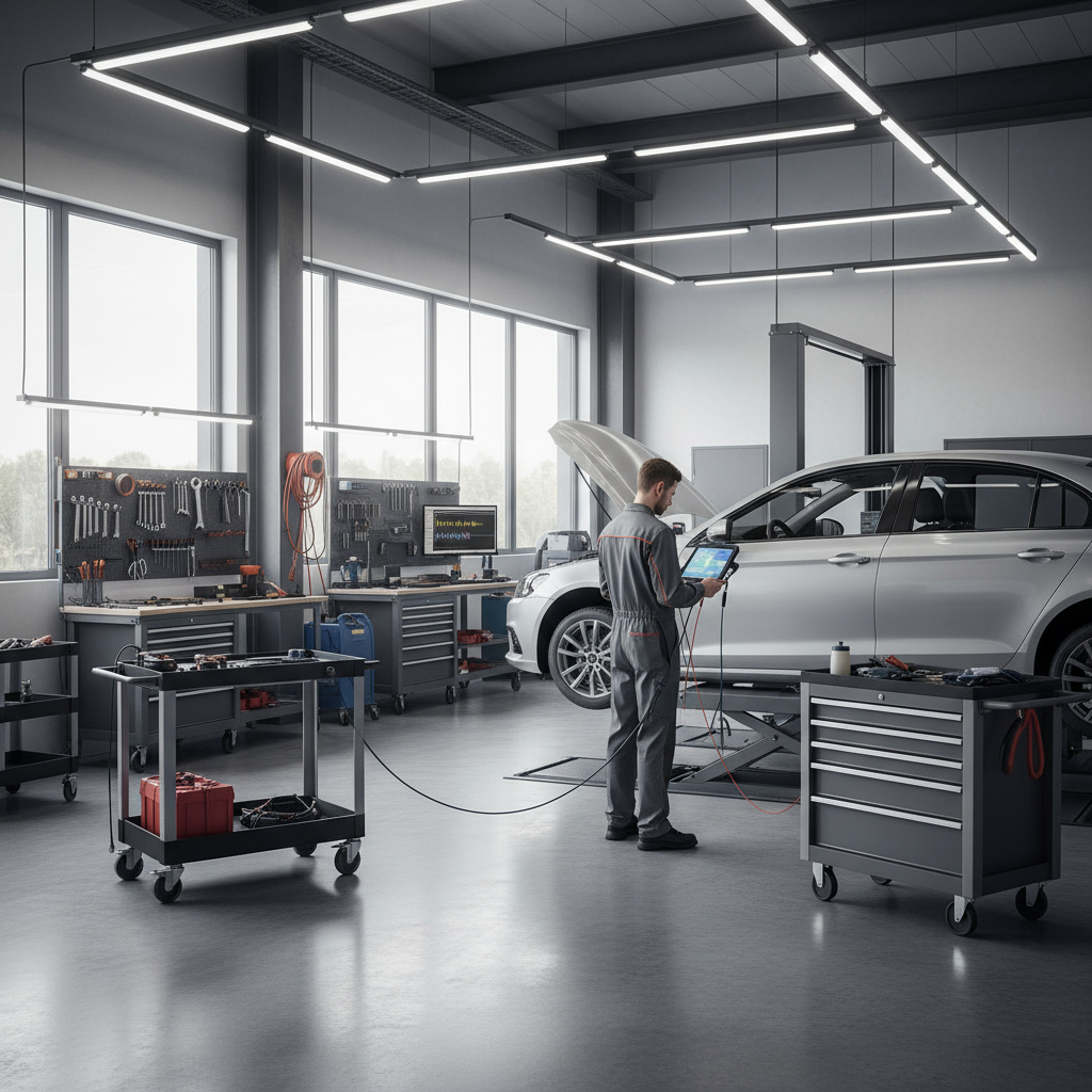 Moderne KFZ-Werkstatt: Diagnose am Fahrzeug